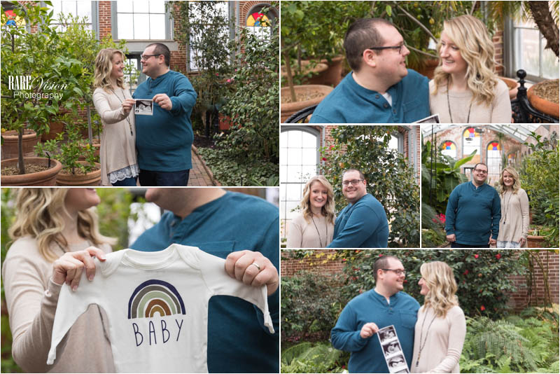 A pregnancy announcment photoshoot complete with sonogram photos and rainbow onsie
