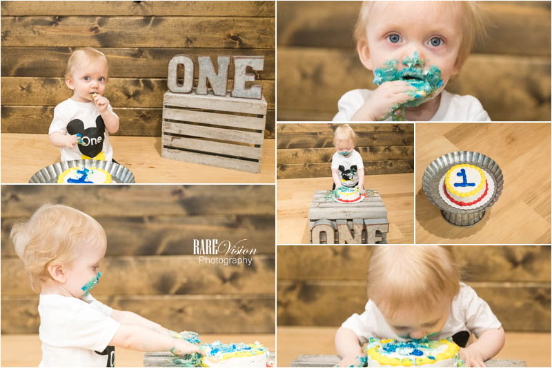 Images of one-year-old eating cake