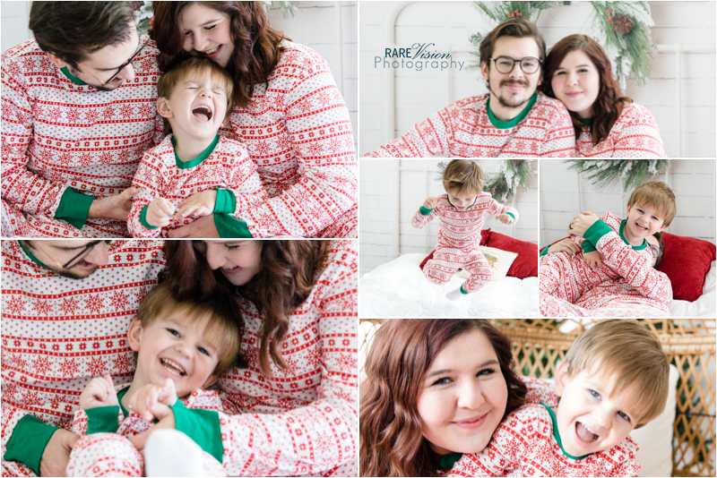 Images of a family in matching Christmas pjs