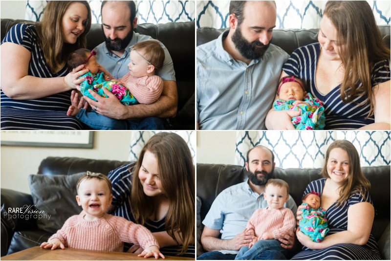 Images of family with newborn in the living room