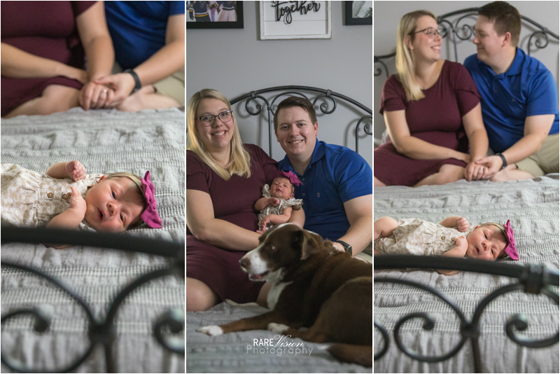 Images of newborn with parents on parents bed