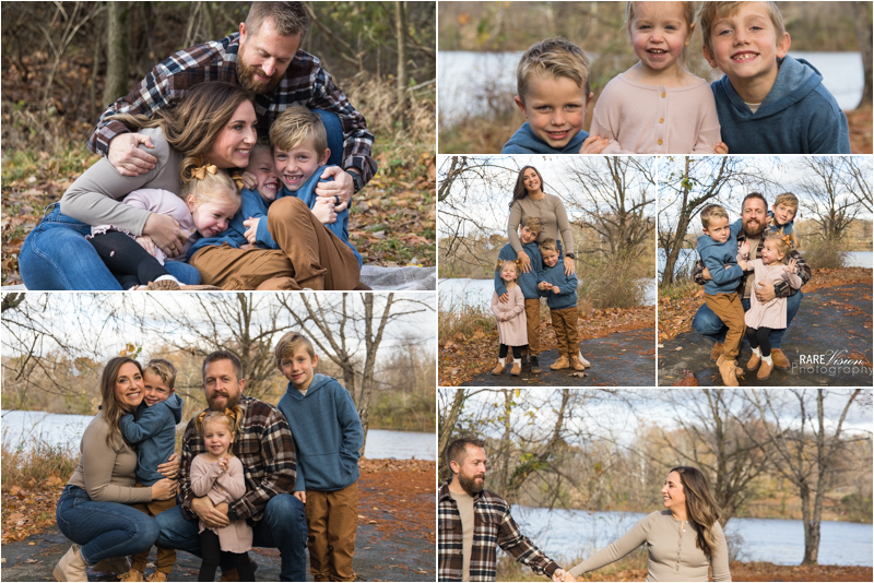 Images of family of five on the banks of a lake