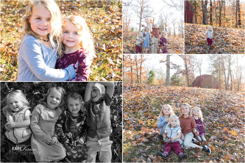 Images of older siblings playing with the leaves