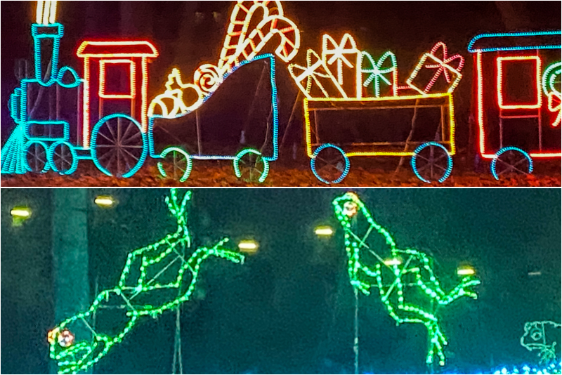 Two images of Christmas light displays