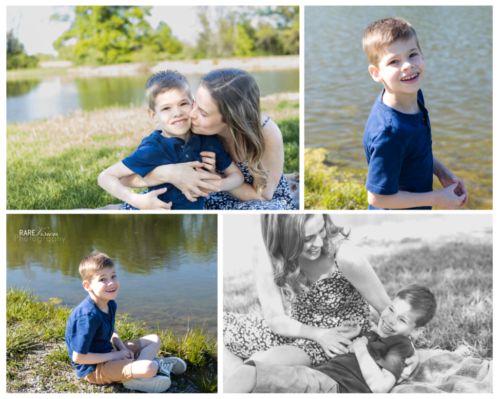 Images of boy and mom and boy with lake