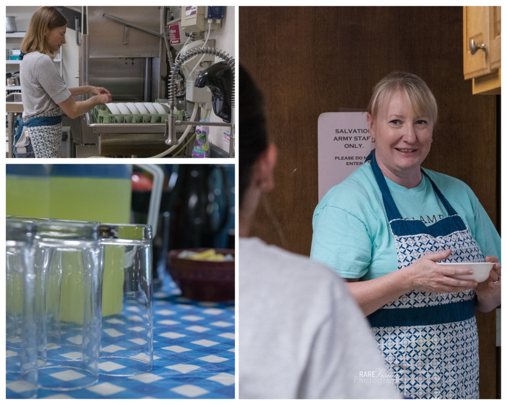 Images of volunteer cleaning dishes, drinks and Karin Kostich, executive director of The James II Project