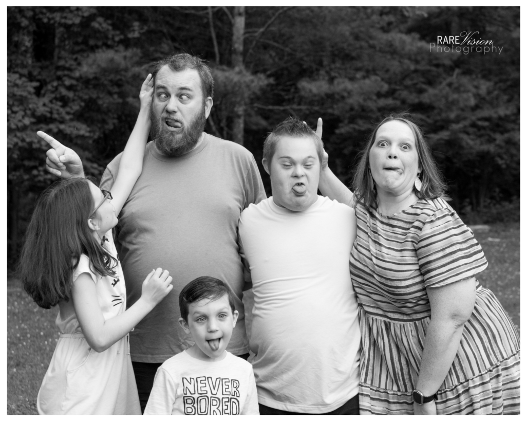Black and white image of the family being goofy