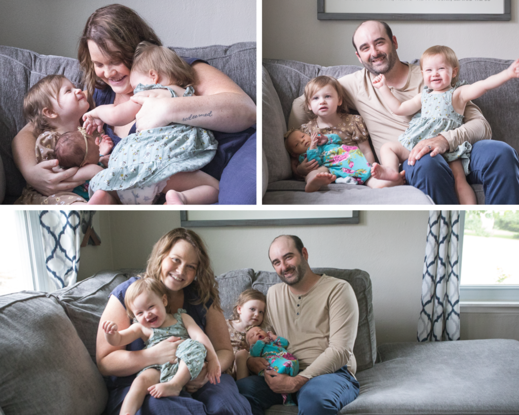 Images of family of five with newborn in the living room