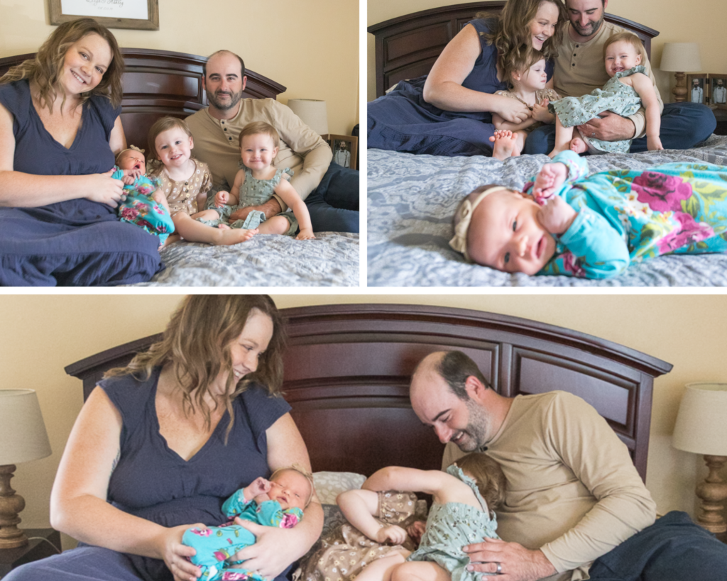 Images of family cuddling in the master bedroom.