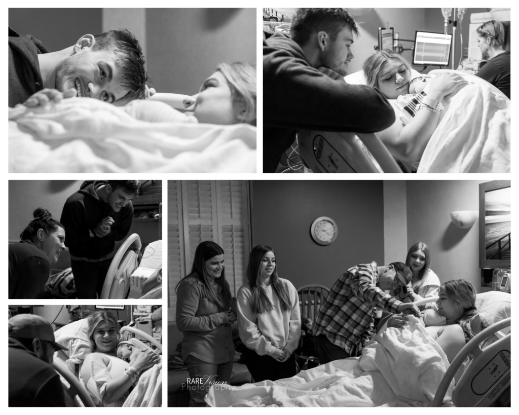 Images of baby with mom and dad and family meeting him soon after birth