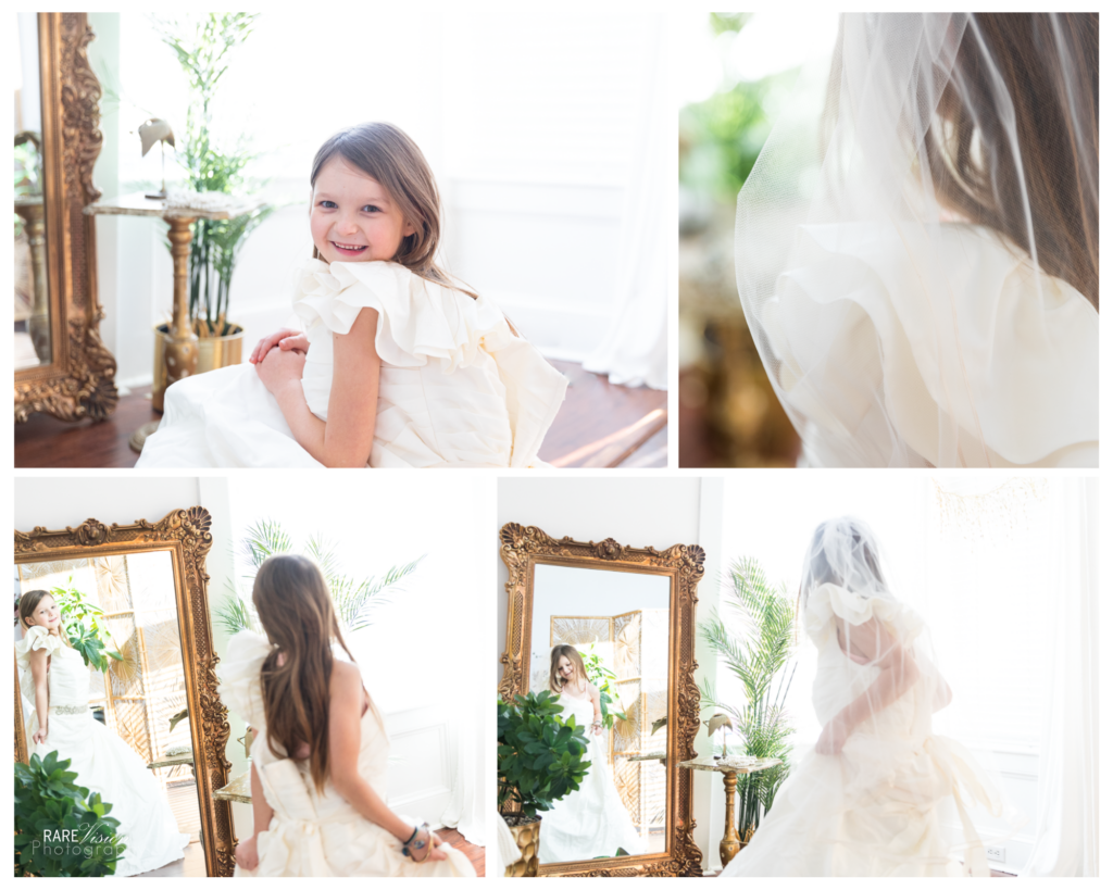 Four images of girl in her mom's wedding dress