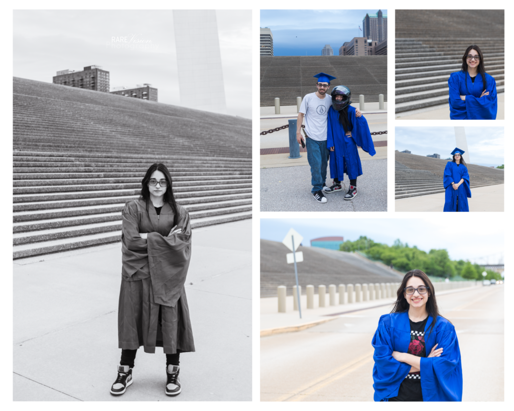 Images of senior in cap and gown under the arch