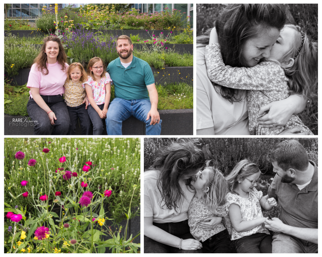 Images of family in front of flowers