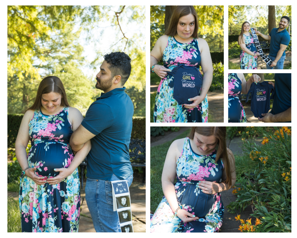 Images of parents with onesie and sonogram photos of Lucy