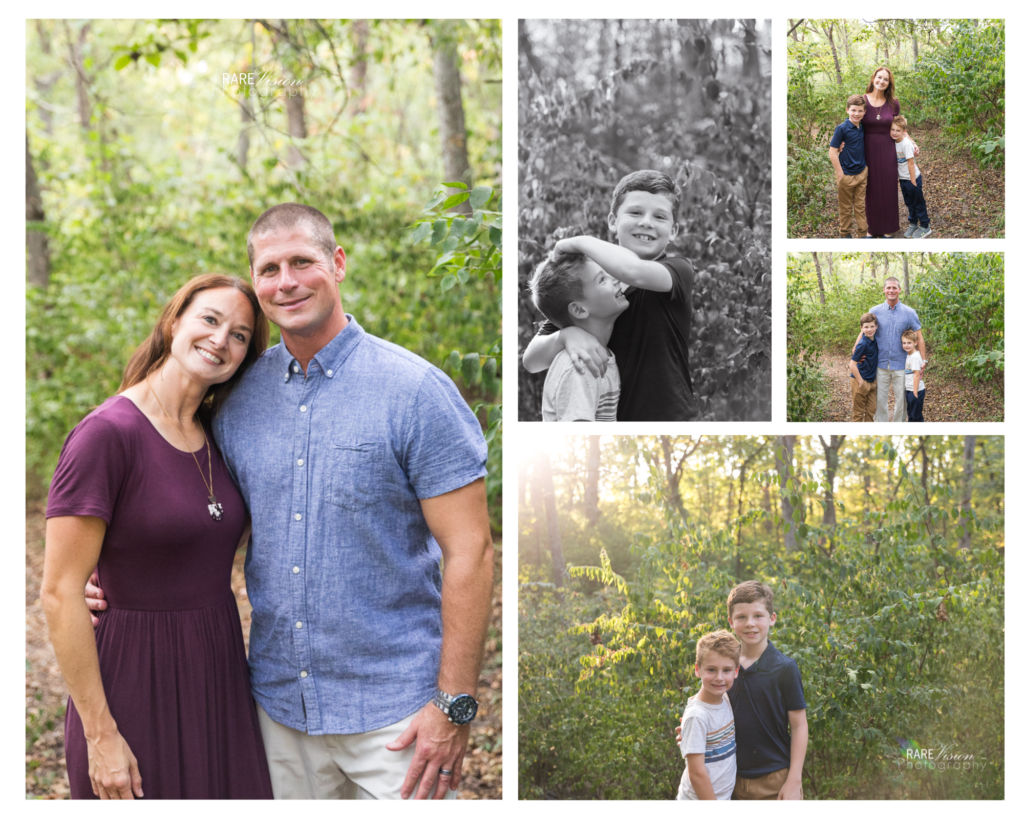 Images of the Lester family in the woods at Longview Farm Park.