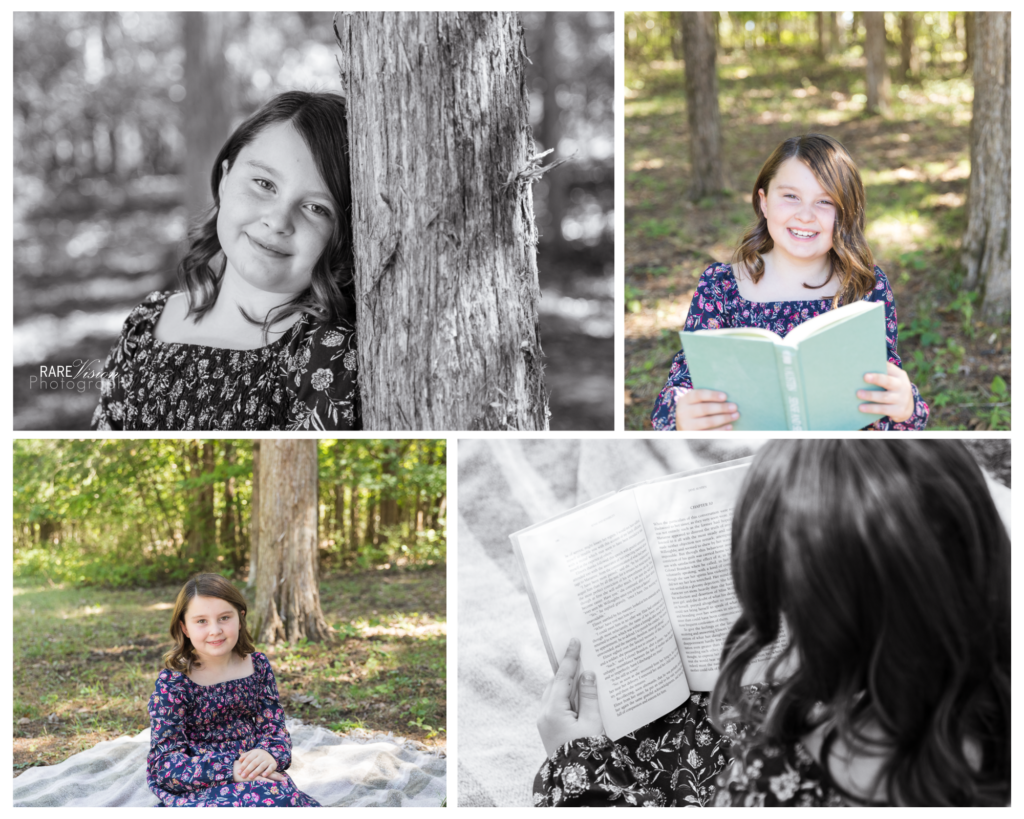 Images of girl reading and in the woods