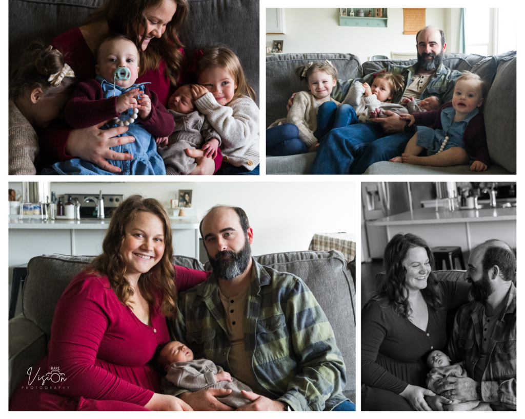 Images of mom and dad with infant and kids