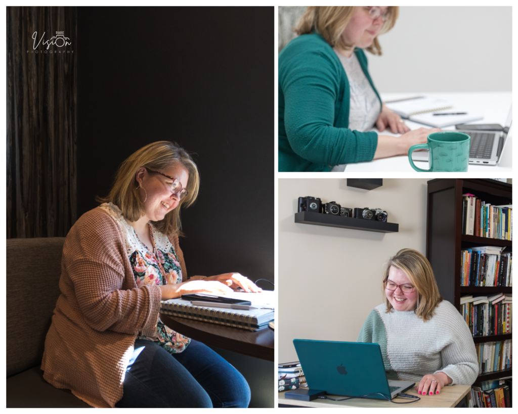 Images of photographer working at computer