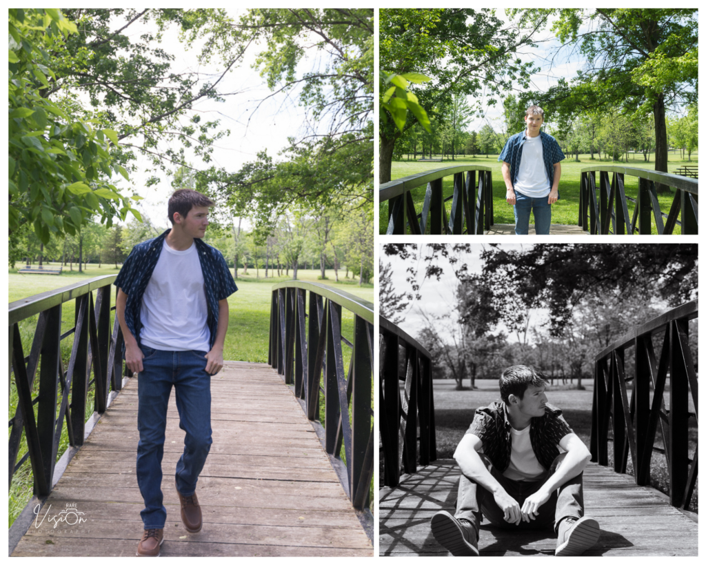 Images of senior on bridge at Fenton City Park