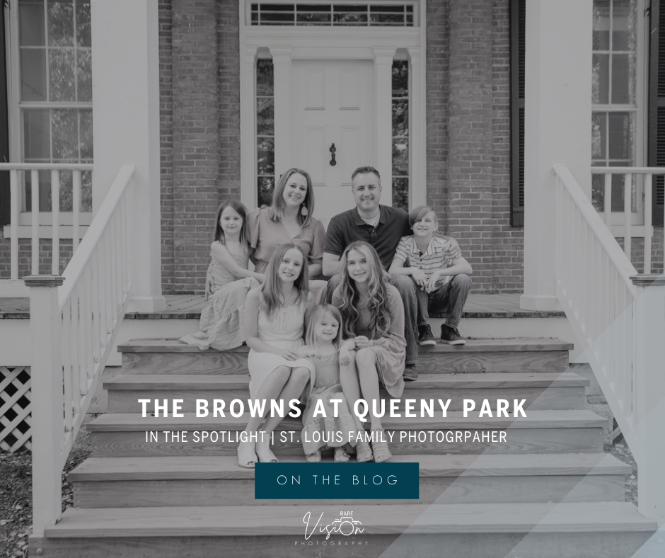 Image of the Brown family on the porch of the Jarville House at Queeny Park in Town and Country