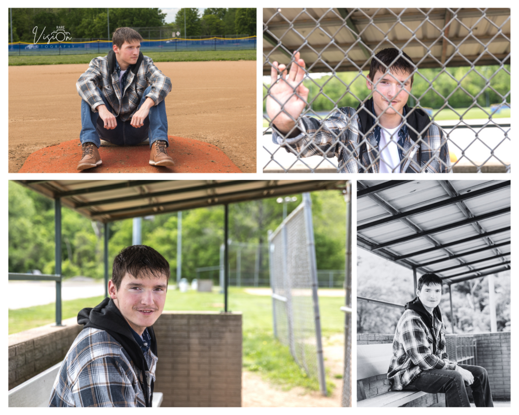 Images of graduating senior in dugout and baseball field