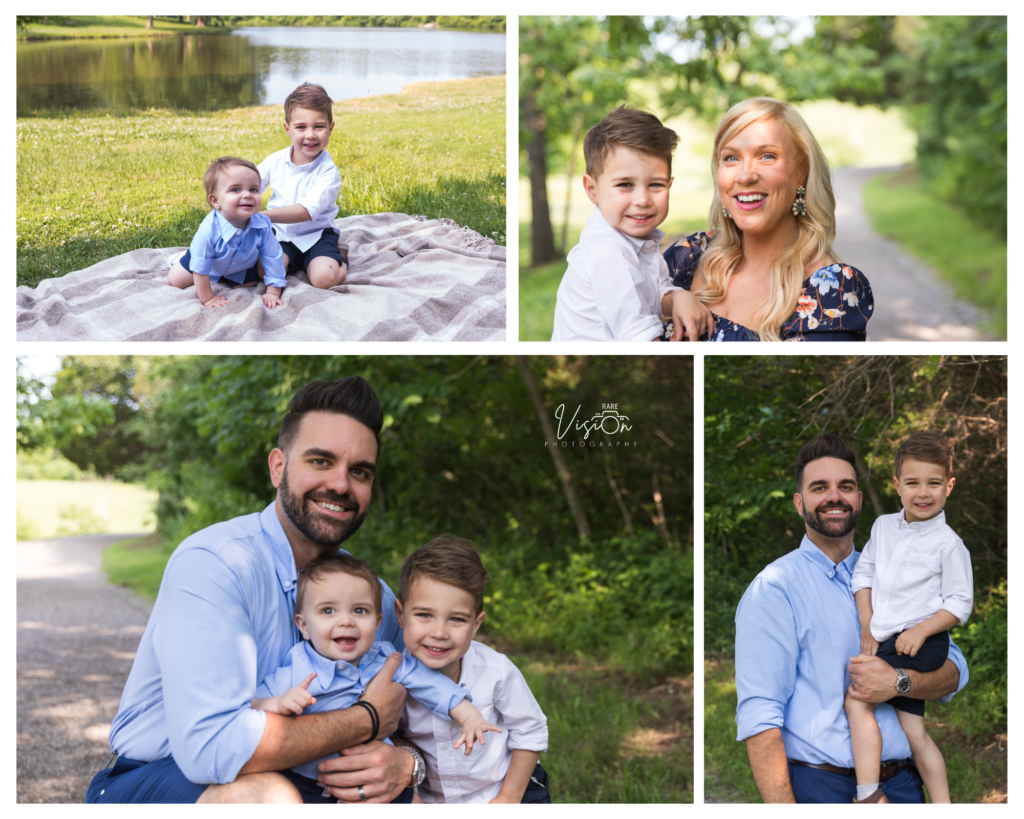 Images of mom and dad separately with sons, lakeside