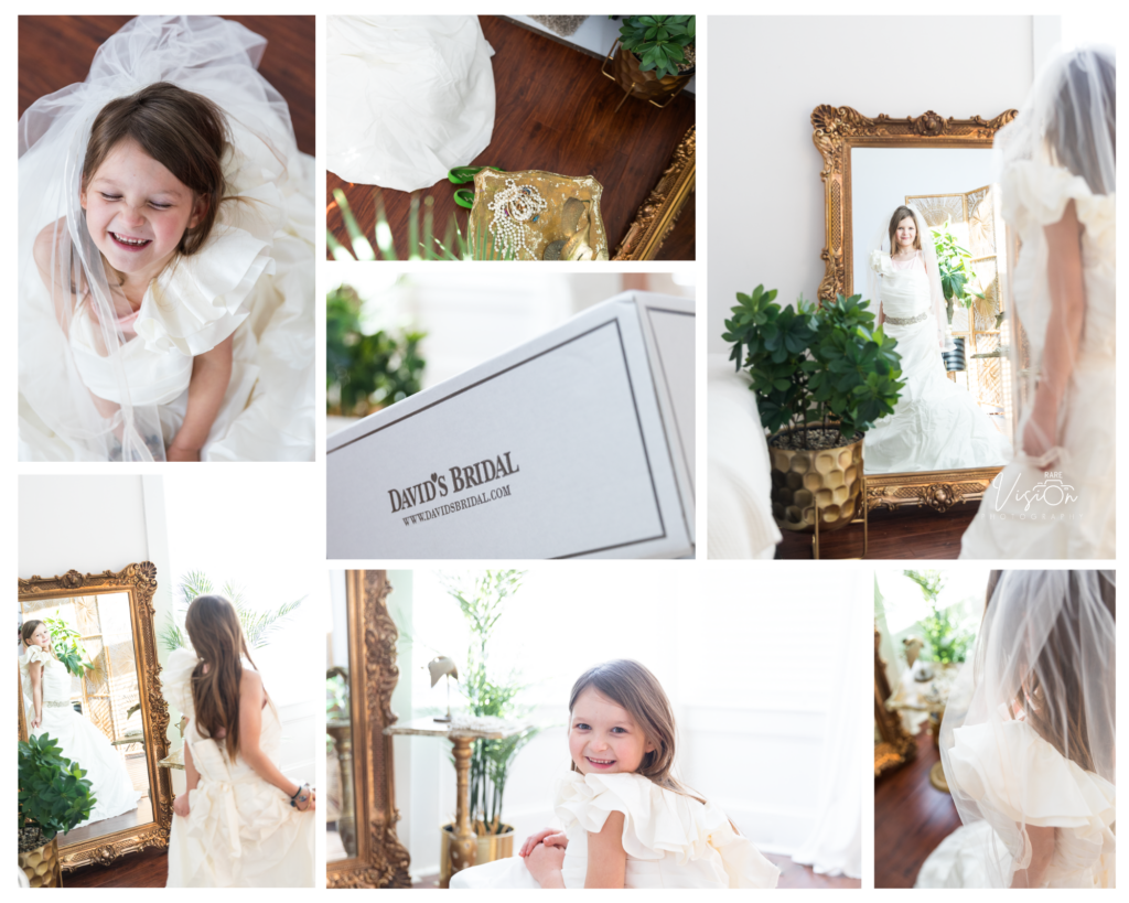 Images of girl playing dress up in wedding dress