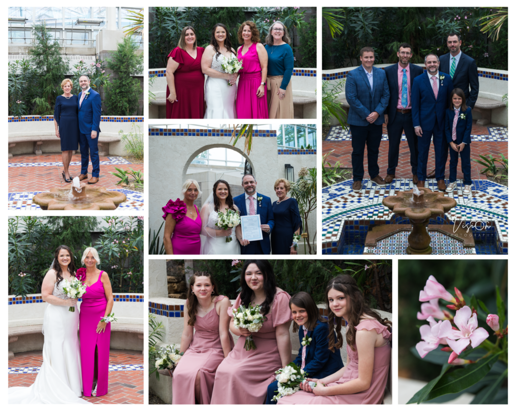Images of bride and groom with friends and moms