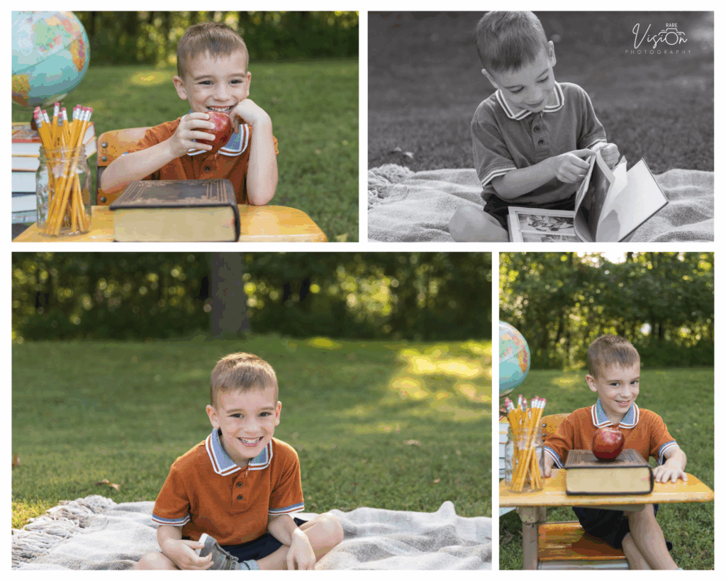 Images of boy with back to school set up