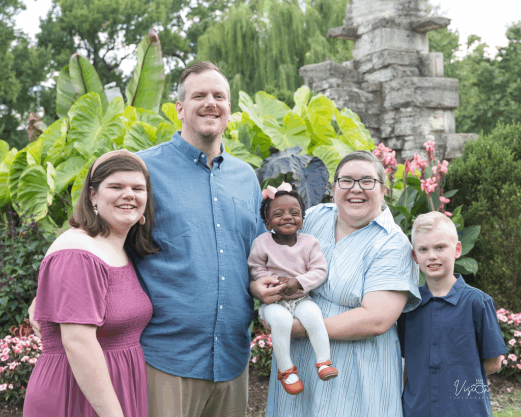 Image of the family in front of the ruins in Tower Grove Park