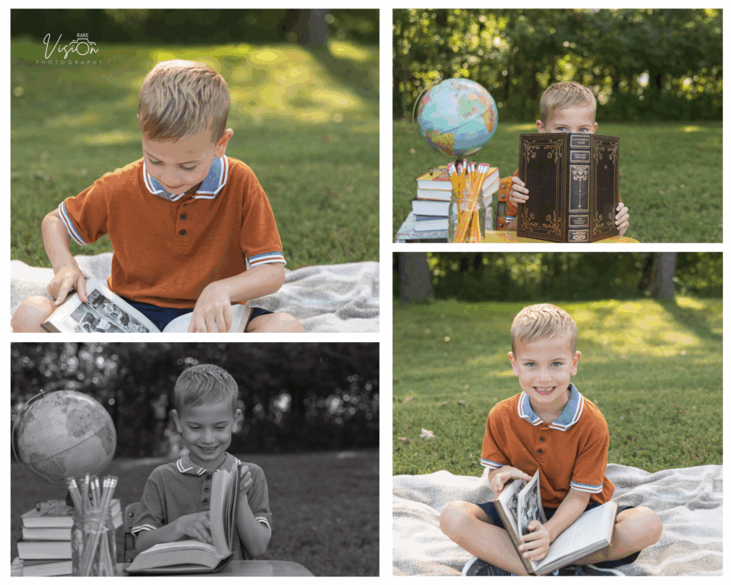 Images of boy looking at books