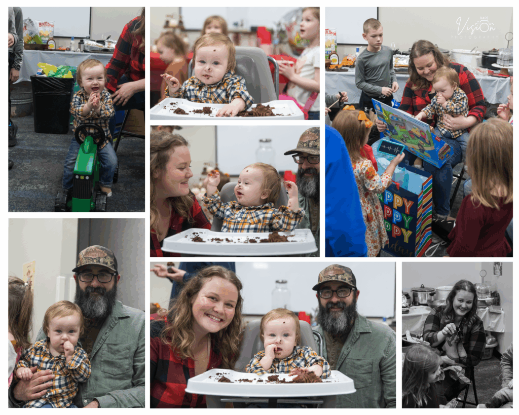 Images of the cake smash and present opening