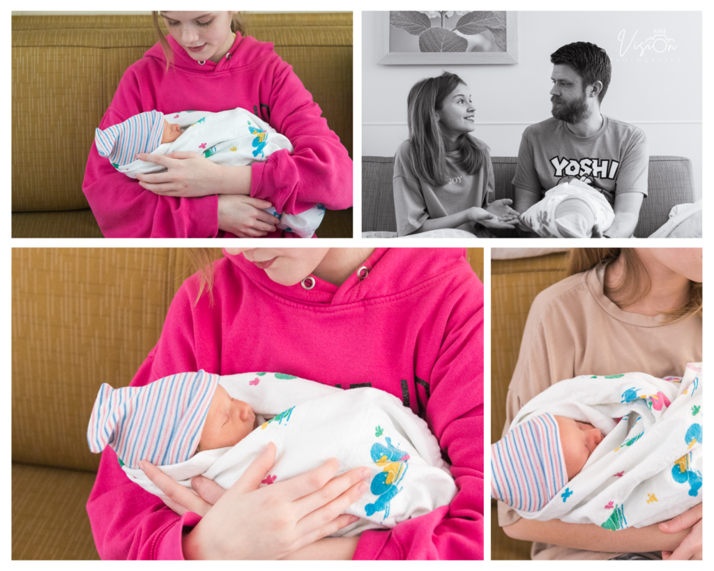 Image of older sisters holding baby brother