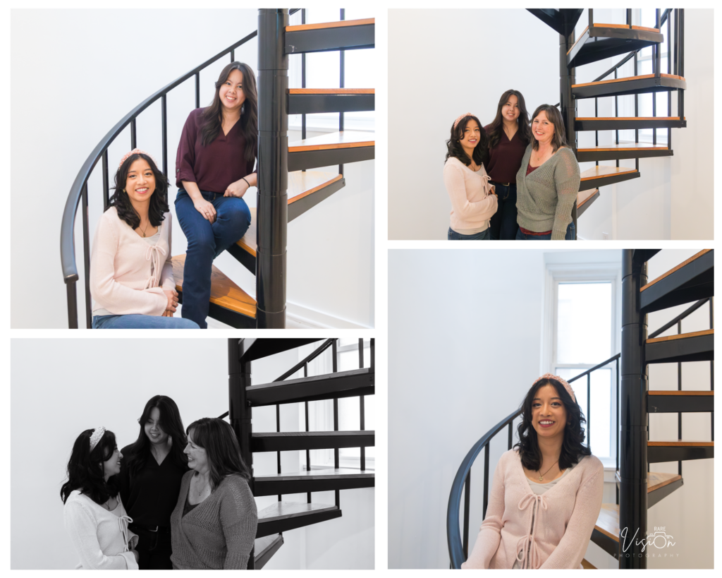 Images of mom and daughters by spiral staircase