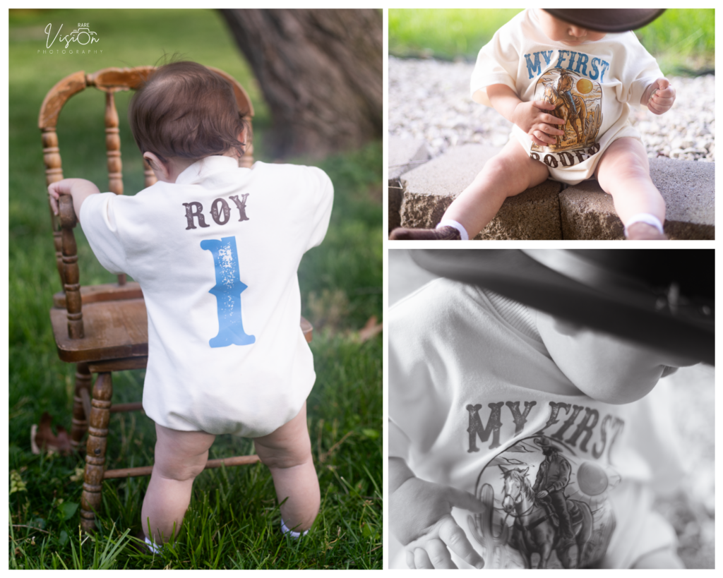 Images of boy with "My First Rodeo" onsie