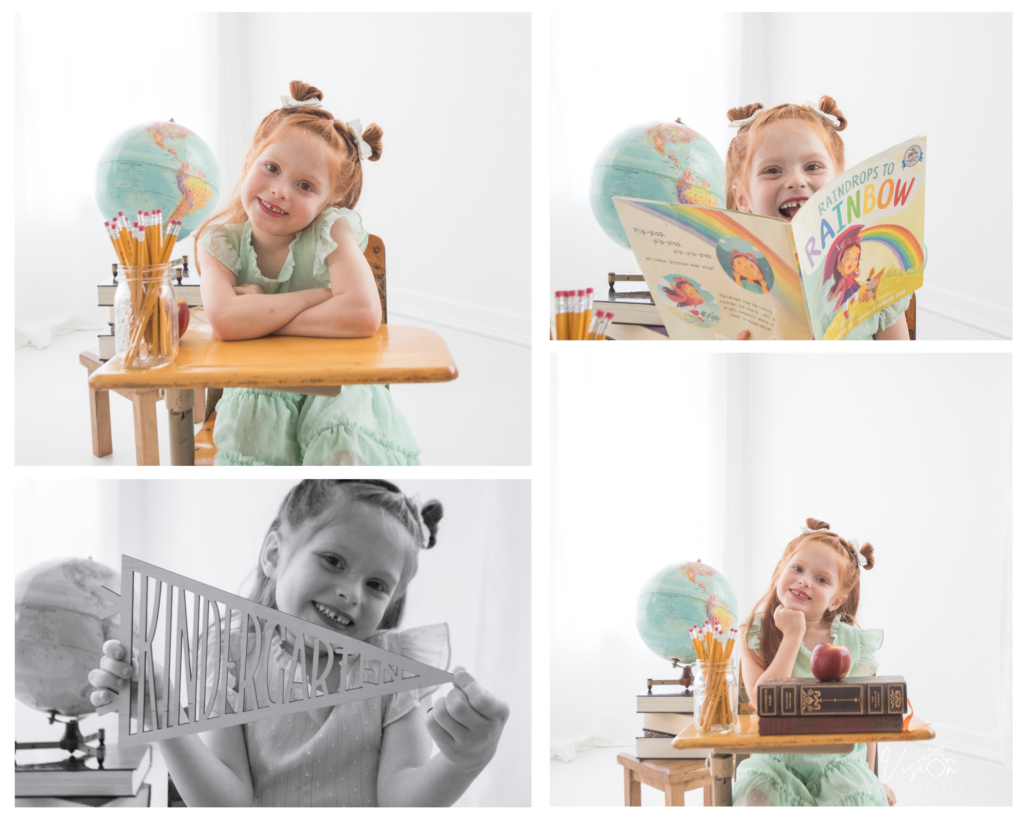 Images of kindergarten girl at back to school setup